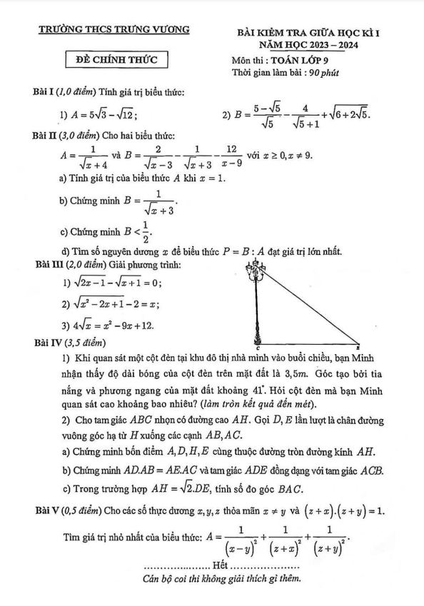 Đề thi giữa học kì 1 (HK1) lớp 9 môn Toán năm 2023 2024 trường THCS Trưng Vương Hà Nội