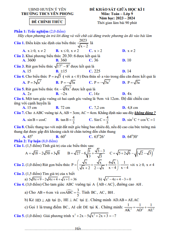 Đề thi giữa học kì 1 (HK1) lớp 9 môn Toán năm 2023 2024 trường THCS Yên Phong Nam Định