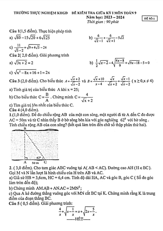 Đề thi giữa học kì 1 (HK1) lớp 9 môn Toán năm 2023 2024 trường Thực Nghiệm KHGD Hà Nội