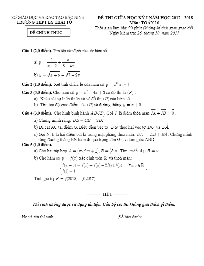 Đề thi giữa học kì 1 (HK1) năm 2017 2018 lớp 10 môn Toán trường THPT Lý Thái Tổ Bắc Ninh