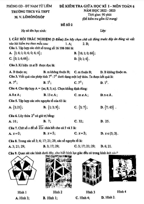 Đề thi giữa học kì 1 (HK1) Toán 6 năm 2022 2023 trường M.V. Lômônôxốp Hà Nội