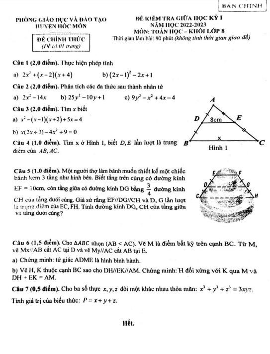 Đề thi giữa học kì 1 (HK1) Toán 8 năm 2022 2023 phòng GD ĐT Hóc Môn TP HCM