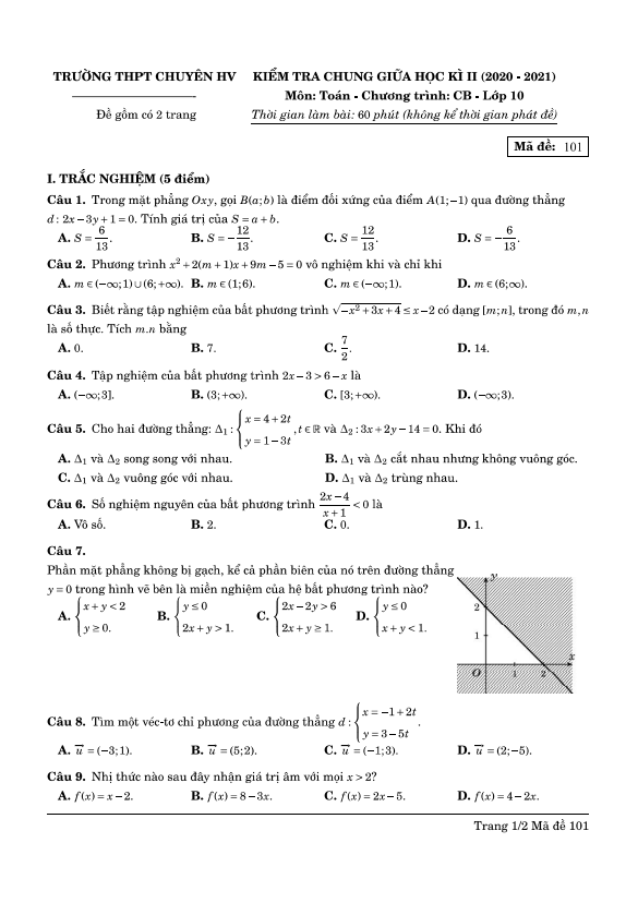 Đề thi giữa học kì 2 (HK2) lớp 10 môn Toán CB năm 2020 2021 trường chuyên Hùng Vương Bình Dương