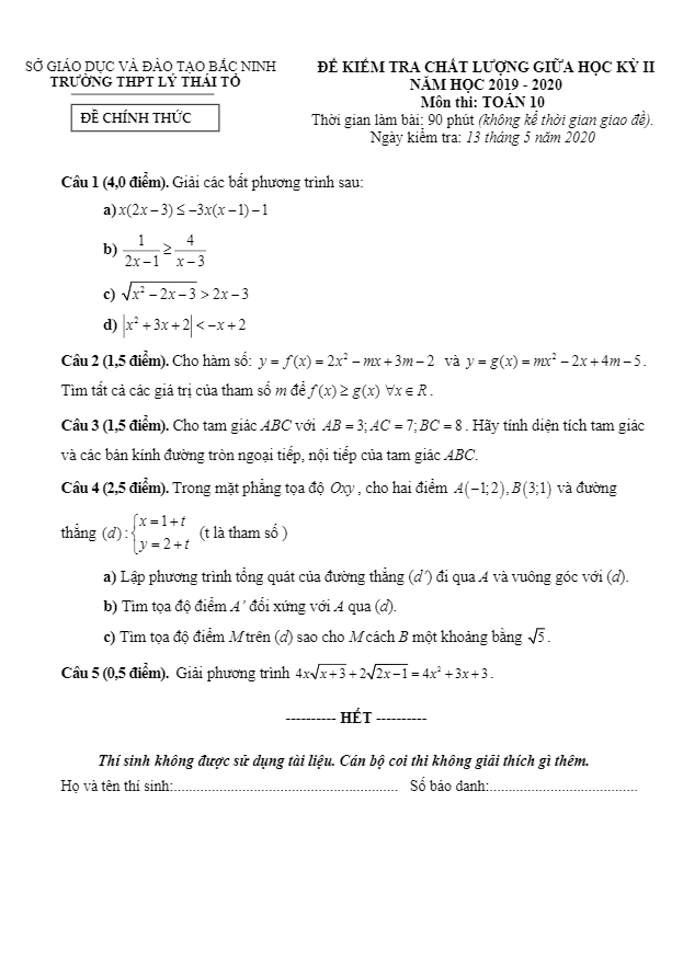 Đề thi giữa học kì 2 (HK2) lớp 10 môn Toán năm 2019 2020 trường THPT Lý Thái Tổ Bắc Ninh