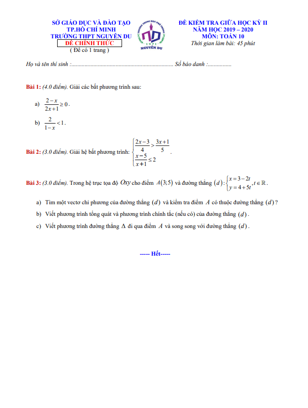 Đề thi giữa học kì 2 (HK2) lớp 10 môn Toán năm 2019 2020 trường THPT Nguyễn Du TP HCM
