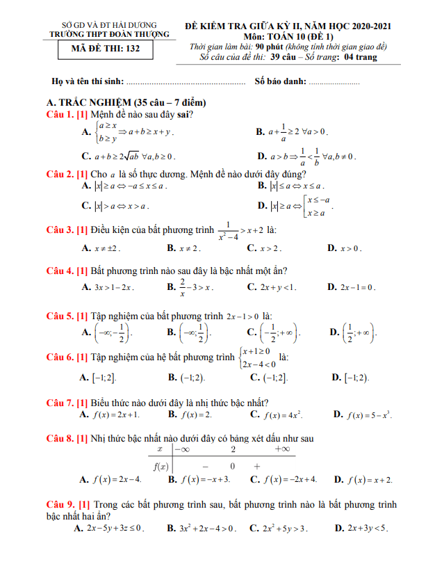 Đề thi giữa học kì 2 (HK2) lớp 10 môn Toán năm 2020 2021 trường Đoàn Thượng Hải Dương
