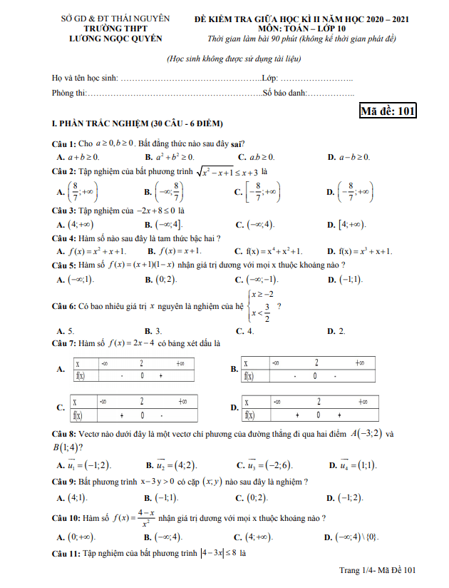 Đề thi giữa học kì 2 (HK2) lớp 10 môn Toán năm 2020 2021 trường Lương Ngọc Quyến Thái Nguyên