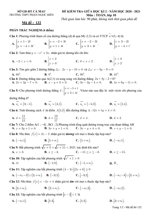 Đề thi giữa học kì 2 (HK2) lớp 10 môn Toán năm 2020 2021 trường Phan Ngọc Hiển Cà Mau