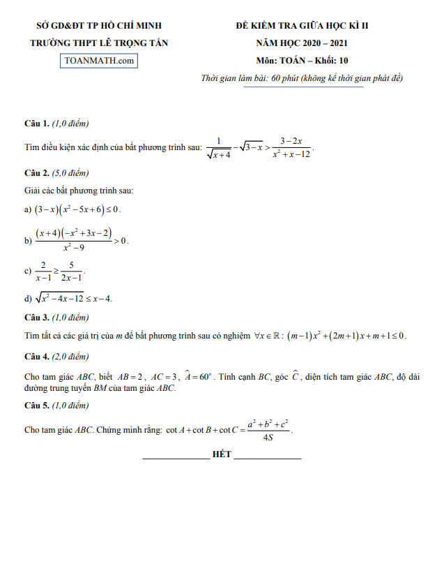 Đề thi giữa học kì 2 (HK2) lớp 10 môn Toán năm 2020 2021 trường THPT Lê Trọng Tấn TP HCM
