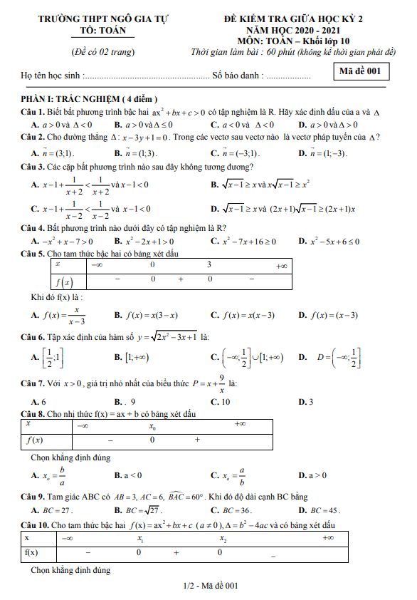 Đề thi giữa học kì 2 (HK2) lớp 10 môn Toán năm 2020 2021 trường THPT Ngô Gia Tự Đắk Lắk