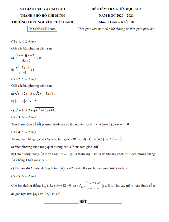 Đề thi giữa học kì 2 (HK2) lớp 10 môn Toán năm 2020 2021 trường THPT Nguyễn Chí Thanh TP HCM