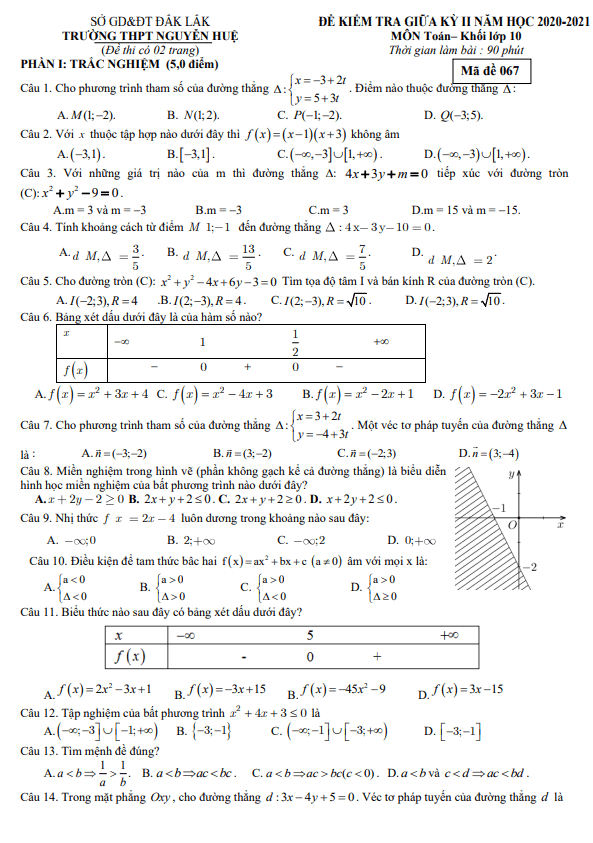 Đề thi giữa học kì 2 (HK2) lớp 10 môn Toán năm 2020 2021 trường THPT Nguyễn Huệ Đắk Lắk