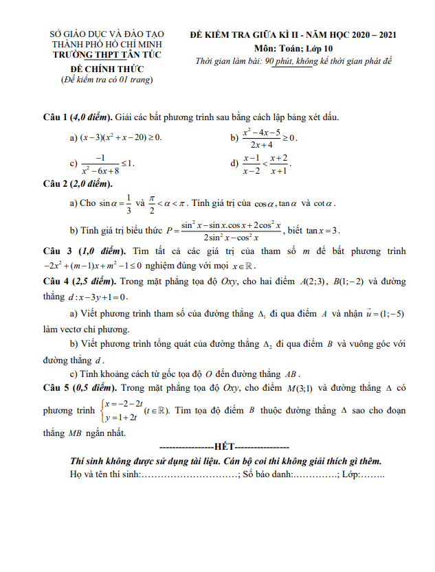 Đề thi giữa học kì 2 (HK2) lớp 10 môn Toán năm 2020 2021 trường THPT Tân Túc TP HCM