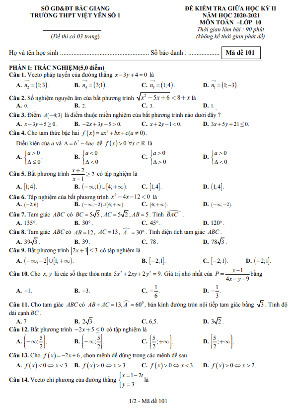Đề thi giữa học kì 2 (HK2) lớp 10 môn Toán năm 2020 2021 trường THPT Việt Yên 1 Bắc Giang