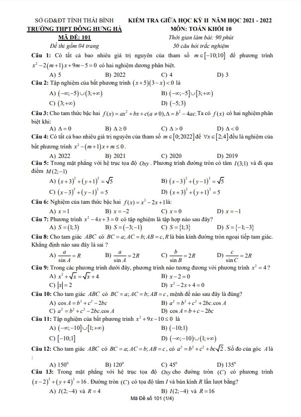 Đề thi giữa học kì 2 (HK2) lớp 10 môn Toán năm 2021 2022 trường THPT Đông Hưng Hà Thái Bình