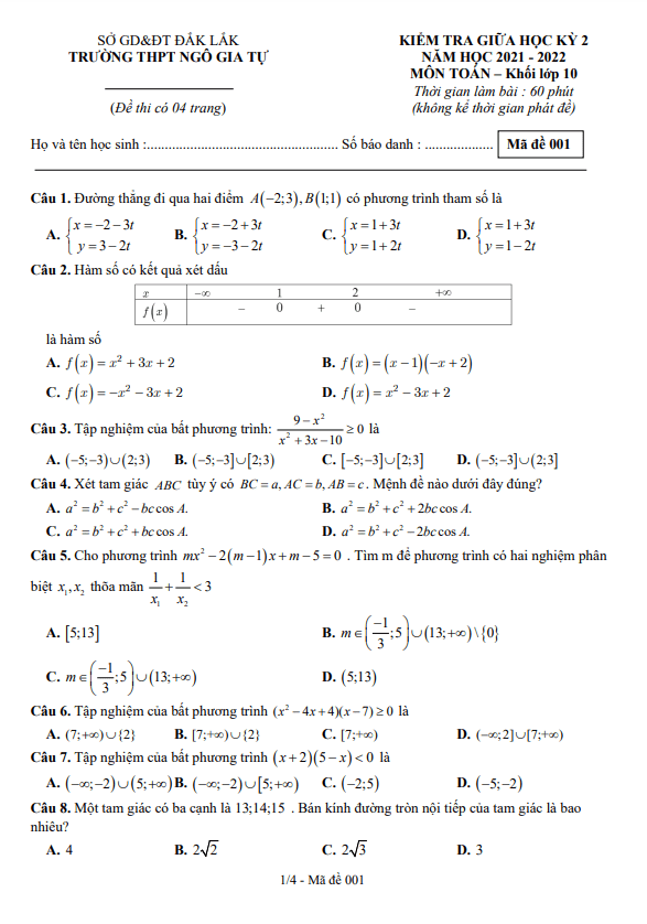 Đề thi giữa học kì 2 (HK2) lớp 10 môn Toán năm 2021 2022 trường THPT Ngô Gia Tự Đắk Lắk