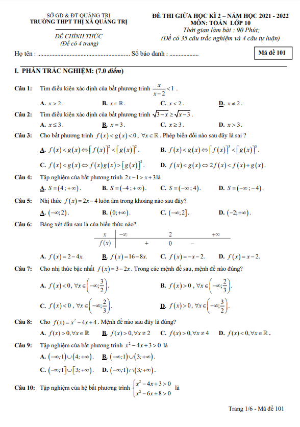 Đề thi giữa học kì 2 (HK2) lớp 10 môn Toán năm 2021 2022 trường THPT Thị xã Quảng Trị