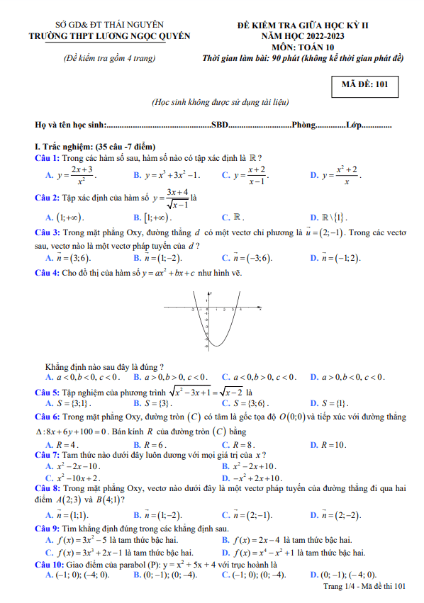 Đề thi giữa học kì 2 (HK2) lớp 10 môn Toán năm 2022 2023 THPT Lương Ngọc Quyến Thái Nguyên