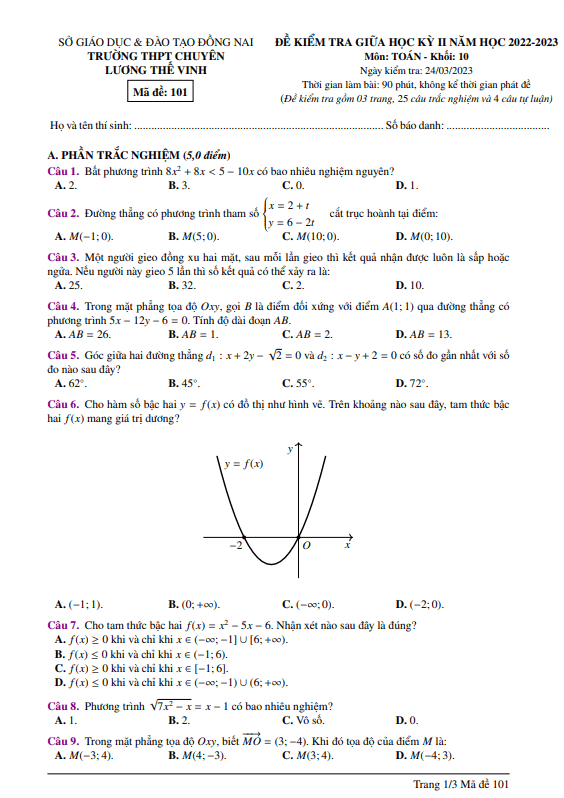 Đề thi giữa học kì 2 (HK2) lớp 10 môn Toán năm 2022 2023 trường chuyên Lương Thế Vinh Đồng Nai