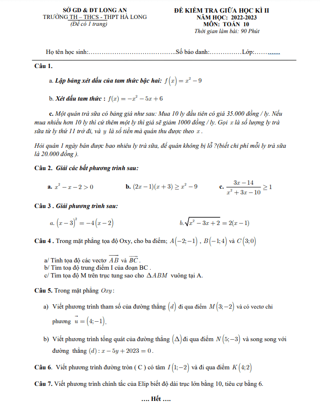 Đề thi giữa học kì 2 (HK2) lớp 10 môn Toán năm 2022 2023 trường Hà Long Long An