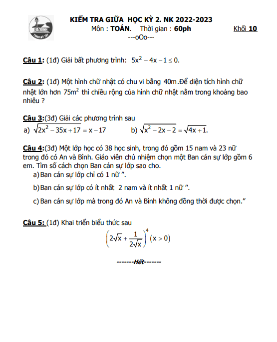 Đề thi giữa học kì 2 (HK2) lớp 10 môn Toán năm 2022 2023 trường THPT Gia Định TP HCM