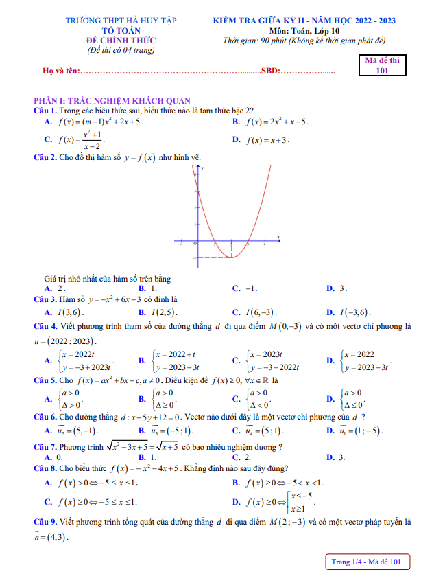 Đề thi giữa học kì 2 (HK2) lớp 10 môn Toán năm 2022 2023 trường THPT Hà Huy Tập Nghệ An