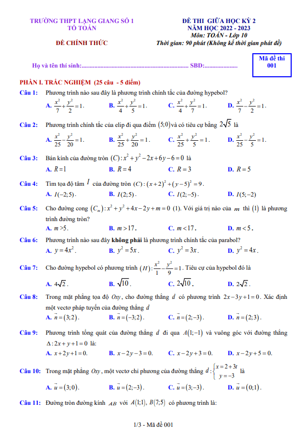 Đề thi giữa học kì 2 (HK2) lớp 10 môn Toán năm 2022 2023 trường THPT Lạng Giang 1 Bắc Giang