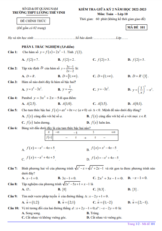 Đề thi giữa học kì 2 (HK2) lớp 10 môn Toán năm 2022 2023 trường THPT Lương Thế Vinh Quảng Nam