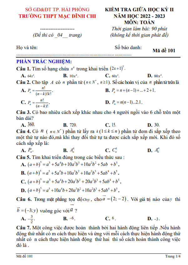 Đề thi giữa học kì 2 (HK2) lớp 10 môn Toán năm 2022 2023 trường THPT Mạc Đĩnh Chi Hải Phòng