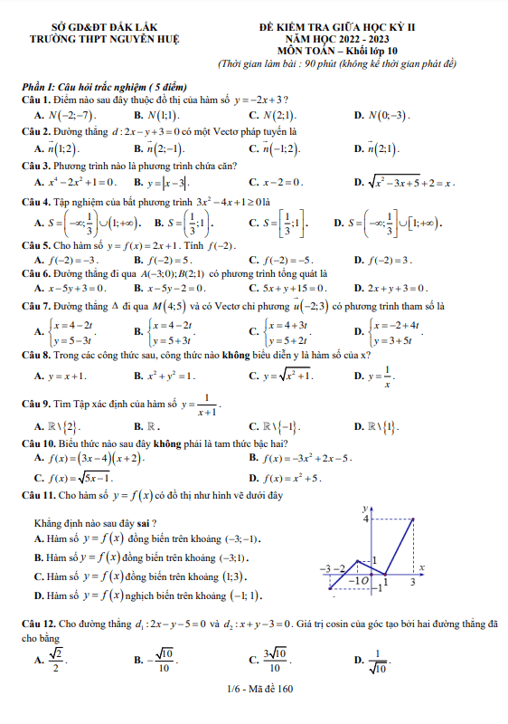Đề thi giữa học kì 2 (HK2) lớp 10 môn Toán năm 2022 2023 trường THPT Nguyễn Huệ Đắk Lắk