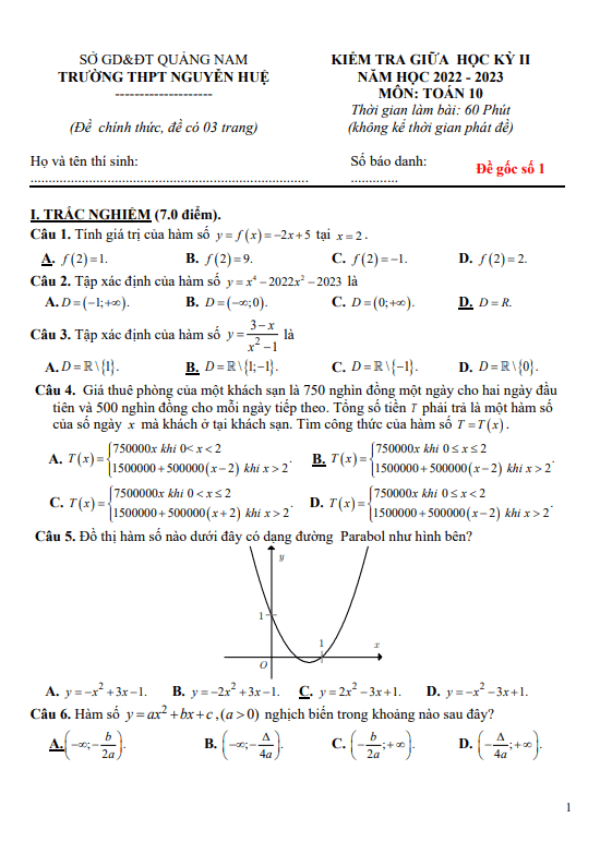Đề thi giữa học kì 2 (HK2) lớp 10 môn Toán năm 2022 2023 trường THPT Nguyễn Huệ Quảng Nam