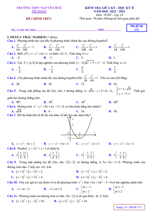 Đề thi giữa học kì 2 (HK2) lớp 10 môn Toán năm 2022 2023 trường THPT Nguyễn Huệ TT Huế