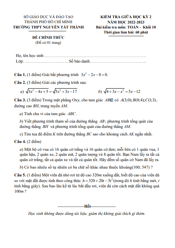 Đề thi giữa học kì 2 (HK2) lớp 10 môn Toán năm 2022 2023 trường THPT Nguyễn Tất Thành TP HCM