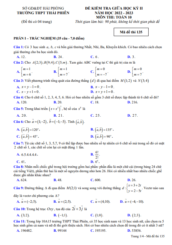 Đề thi giữa học kì 2 (HK2) lớp 10 môn Toán năm 2022 2023 trường THPT Thái Phiên Hải Phòng