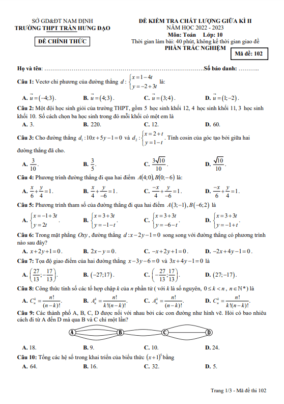 Đề thi giữa học kì 2 (HK2) lớp 10 môn Toán năm 2022 2023 trường THPT Trần Hưng Đạo Nam Định
