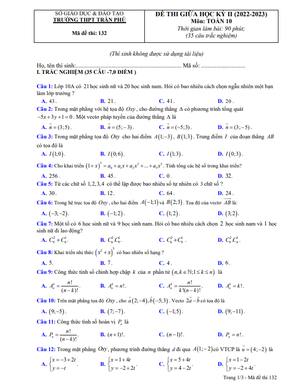 Đề thi giữa học kì 2 (HK2) lớp 10 môn Toán năm 2022 2023 trường THPT Trần Phú Phú Yên