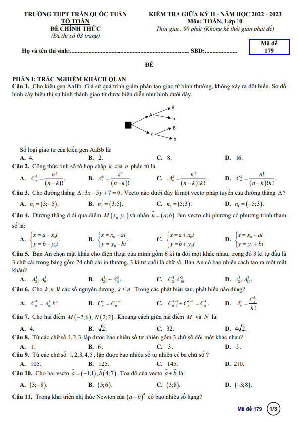 Đề thi giữa học kì 2 (HK2) lớp 10 môn Toán năm 2022 2023 trường THPT Trần Quốc Tuấn Kon Tum