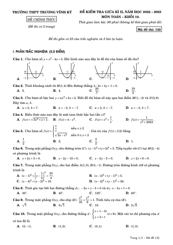 Đề thi giữa học kì 2 (HK2) lớp 10 môn Toán năm 2022 2023 trường THPT Trương Vĩnh Ký Bến Tre