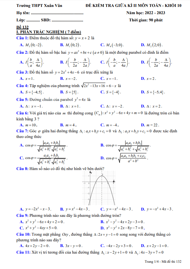 Đề thi giữa học kì 2 (HK2) lớp 10 môn Toán năm 2022 2023 trường THPT Xuân Vân Tuyên Quang