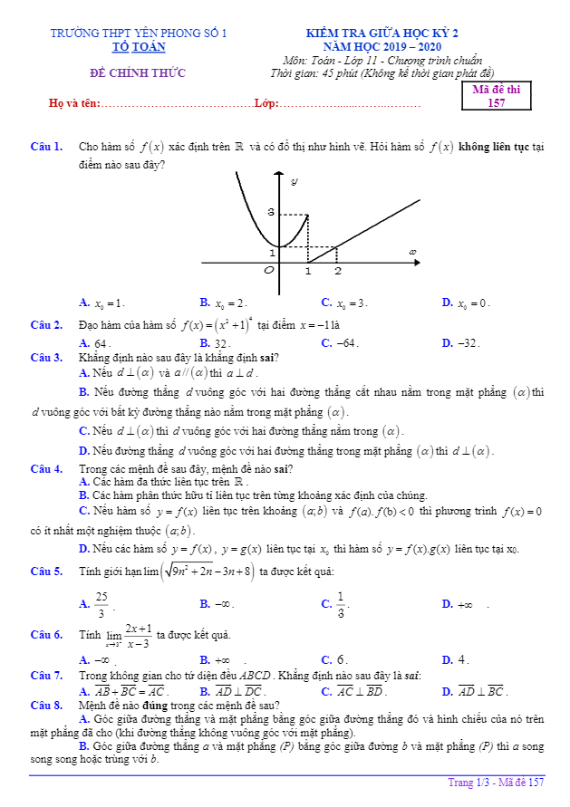 Đề thi giữa học kì 2 (HK2) lớp 11 môn Toán năm 2019 2020 trường THPT Yên Phong 1 Bắc Ninh