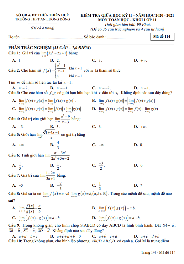Đề thi giữa học kì 2 (HK2) lớp 11 môn Toán năm 2020 2021 trường An Lương Đông TT Huế