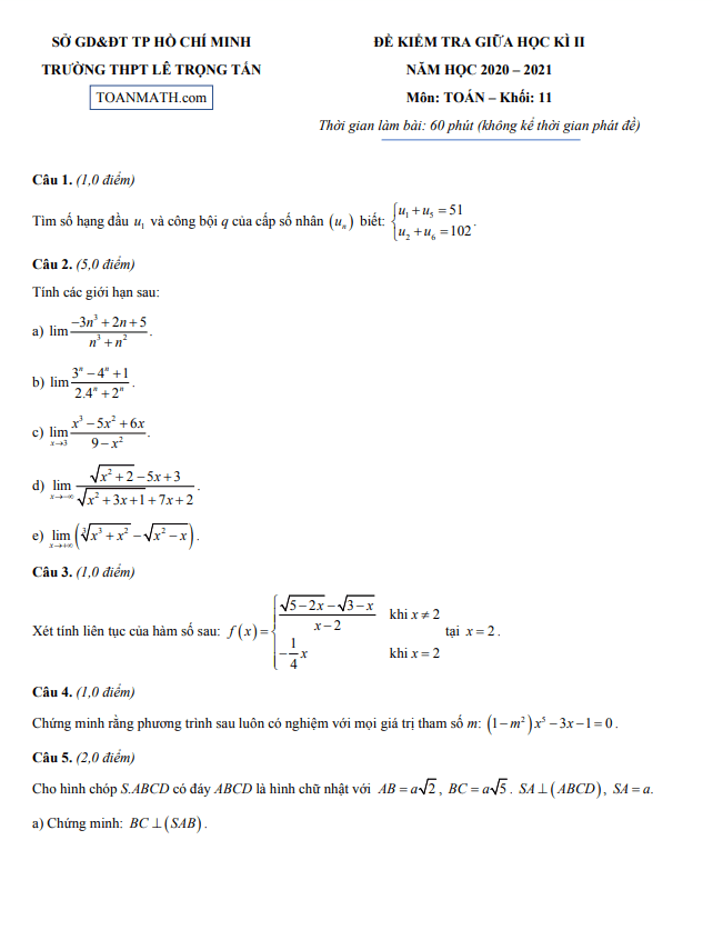 Đề thi giữa học kì 2 (HK2) lớp 11 môn Toán năm 2020 2021 trường THPT Lê Trọng Tấn TP HCM