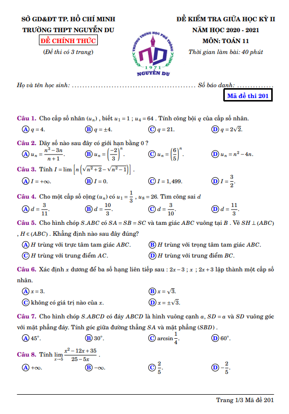 Đề thi giữa học kì 2 (HK2) lớp 11 môn Toán năm 2020 2021 trường THPT Nguyễn Du TP HCM