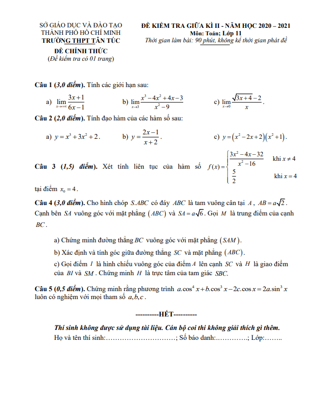 Đề thi giữa học kì 2 (HK2) lớp 11 môn Toán năm 2020 2021 trường THPT Tân Túc TP HCM
