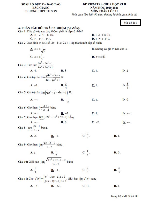 Đề thi giữa học kì 2 (HK2) lớp 11 môn Toán năm 2020 2021 trường THPT Tứ Sơn Bắc Giang