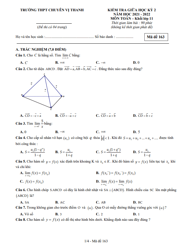 Đề thi giữa học kì 2 (HK2) lớp 11 môn Toán năm 2021 2022 trường chuyên Vị Thanh Hậu Giang
