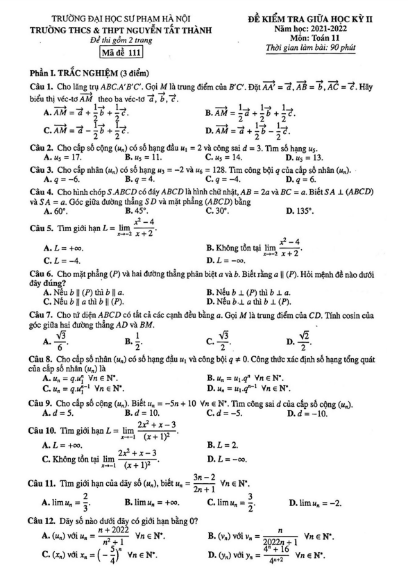 Đề thi giữa học kì 2 (HK2) lớp 11 môn Toán năm 2021 2022 trường Nguyễn Tất Thành Hà Nội
