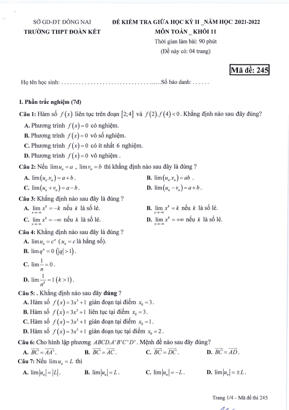 Đề thi giữa học kì 2 (HK2) lớp 11 môn Toán năm 2021 2022 trường THPT Đoàn Kết Đồng Nai