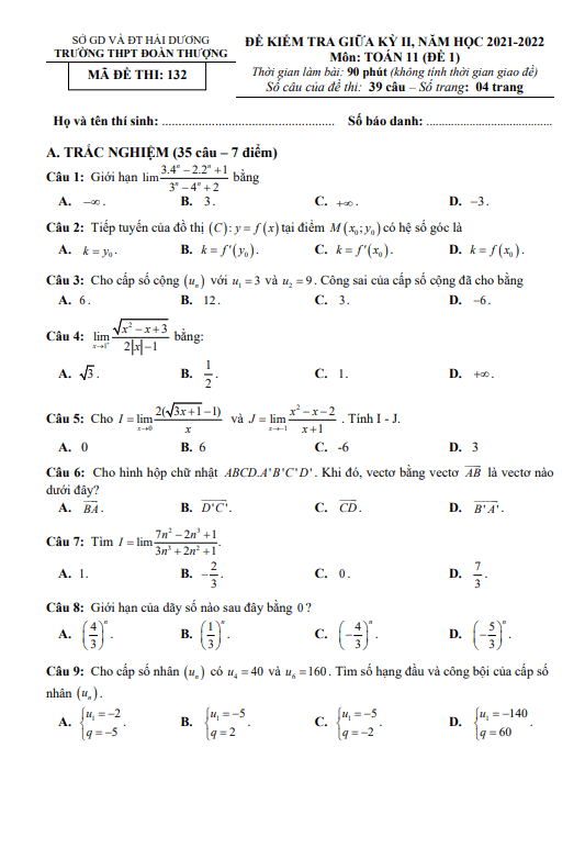 Đề thi giữa học kì 2 (HK2) lớp 11 môn Toán năm 2021 2022 trường THPT Đoàn Thượng Hải Dương