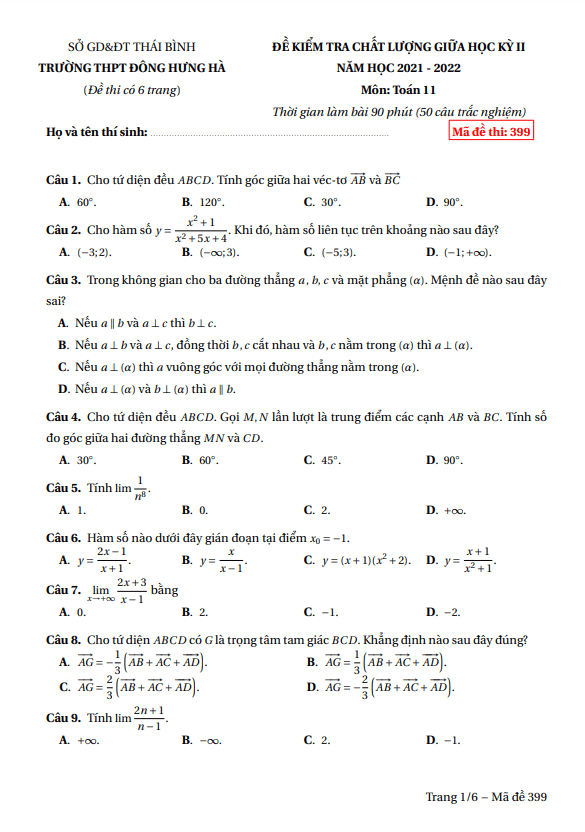 Đề thi giữa học kì 2 (HK2) lớp 11 môn Toán năm 2021 2022 trường THPT Đông Hưng Hà Thái Bình